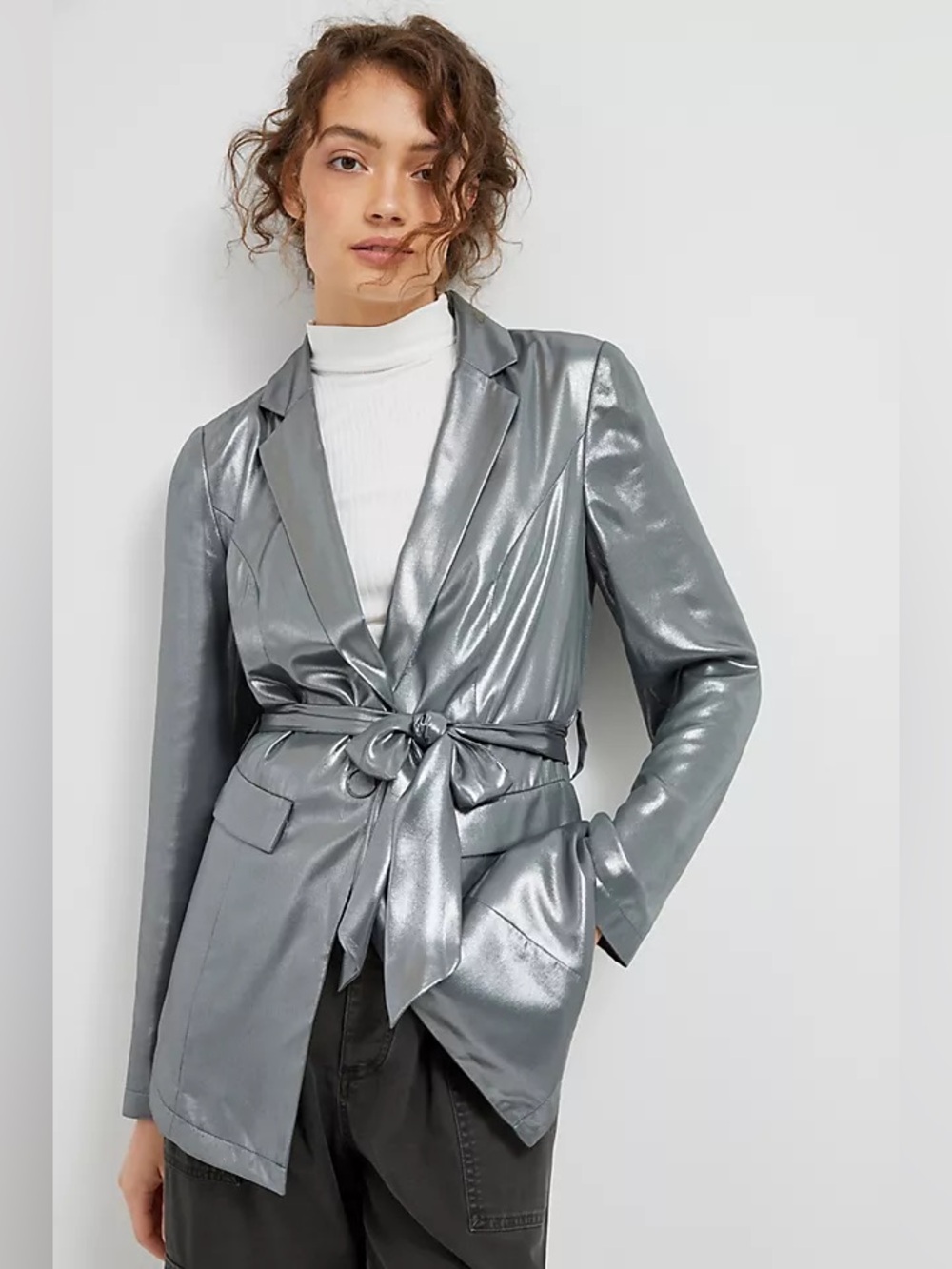 Anthropologie Zada Metallic Silver Belted Blazer Jacket Glam Holiday Sz 6P